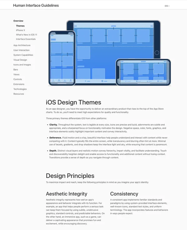 iOS HIG (2017)の「iOS Design Themes」と「Design Principles」の記載。 http://developer.apple.com/ios/human-interface-guidelines/overview/themes/ のアーカイブ。
